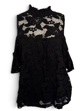 “G Collection” Black Mock Neck Cold Shoulder Top Smocked Ruffled Neck Size XL